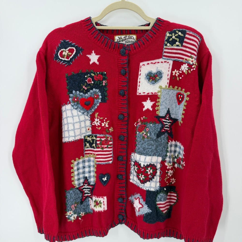 Heirloom Collectibles Vintage Patriotic Cardigan L Americana Stars Stripes USA